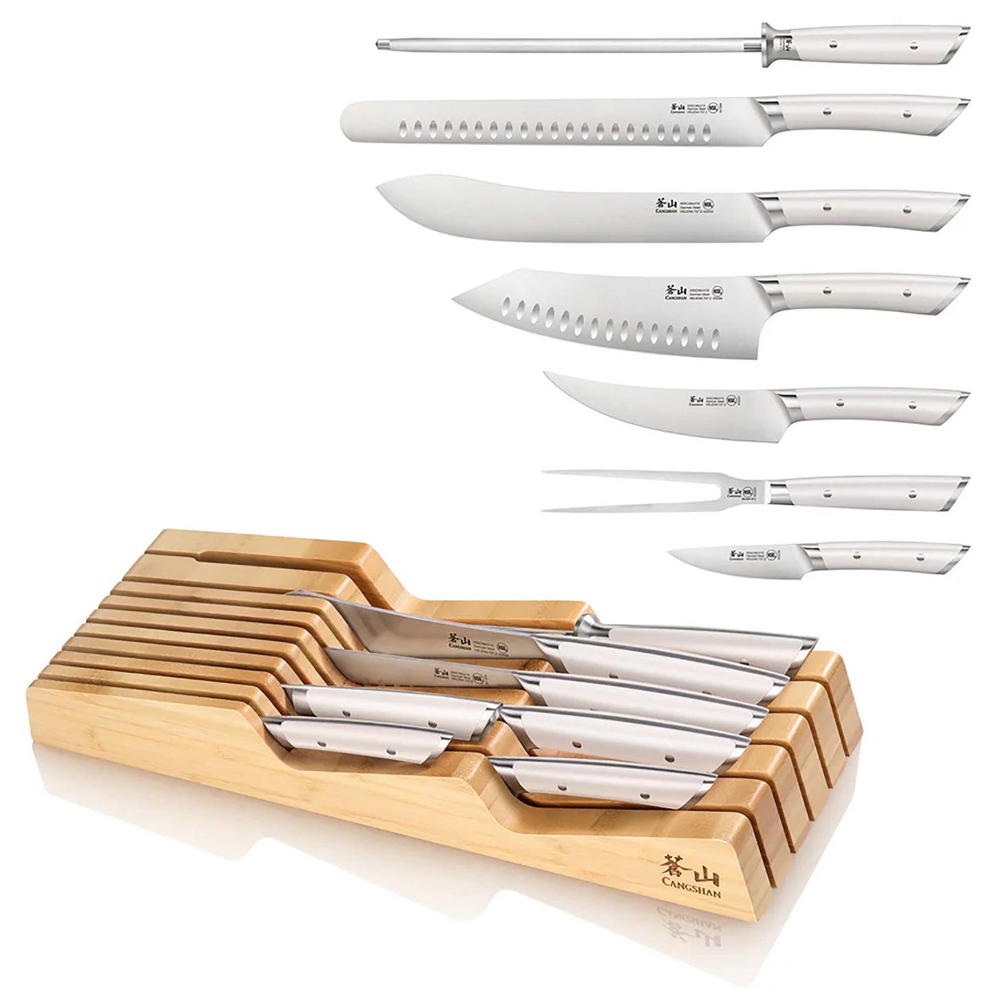 Cangshan Helena 8 piece BBQ Knife Set.  Picture includes individual knifes and in-drawer knife block.