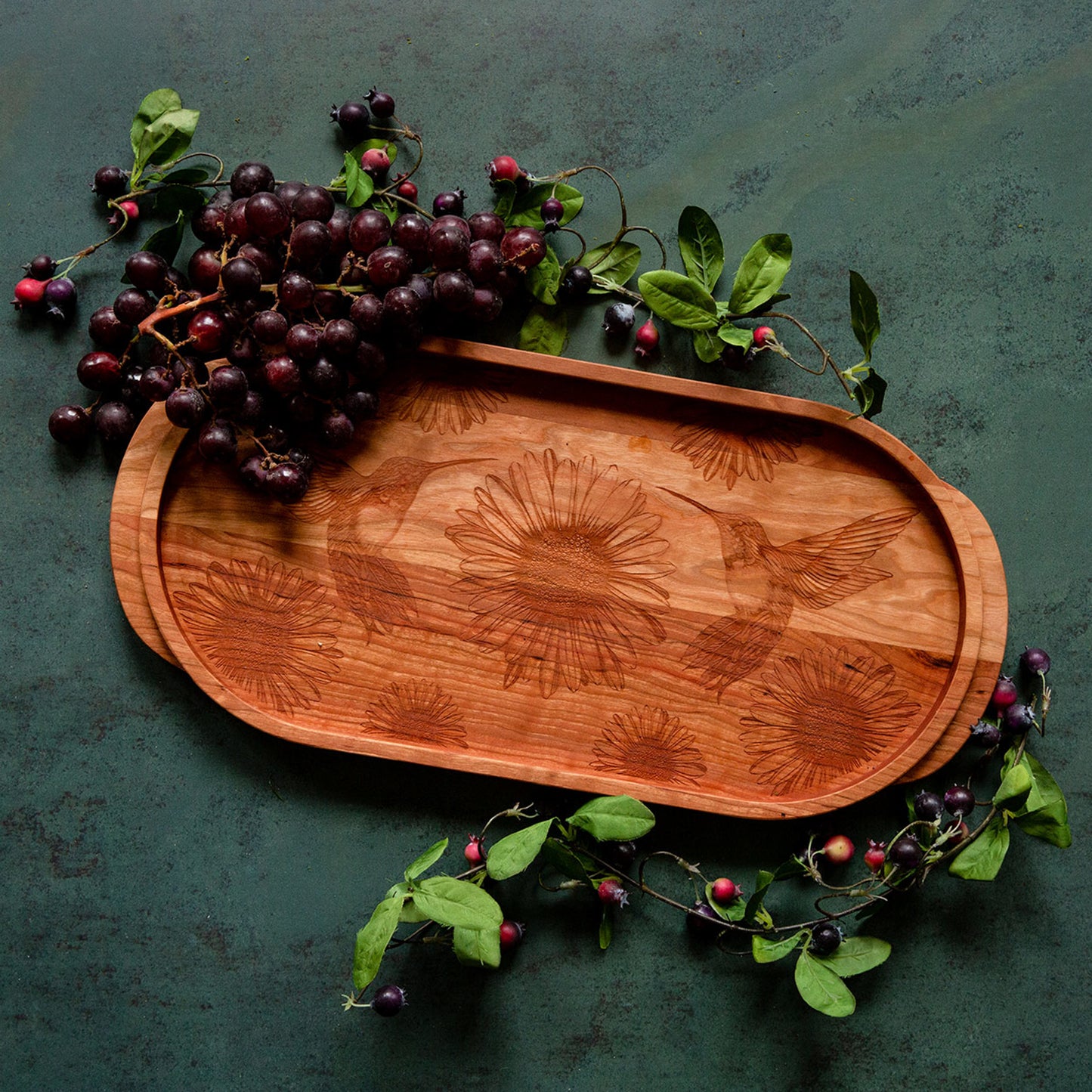 Laura Zindel Cherry Oval Wooden Serving Tray -Hummingbirds