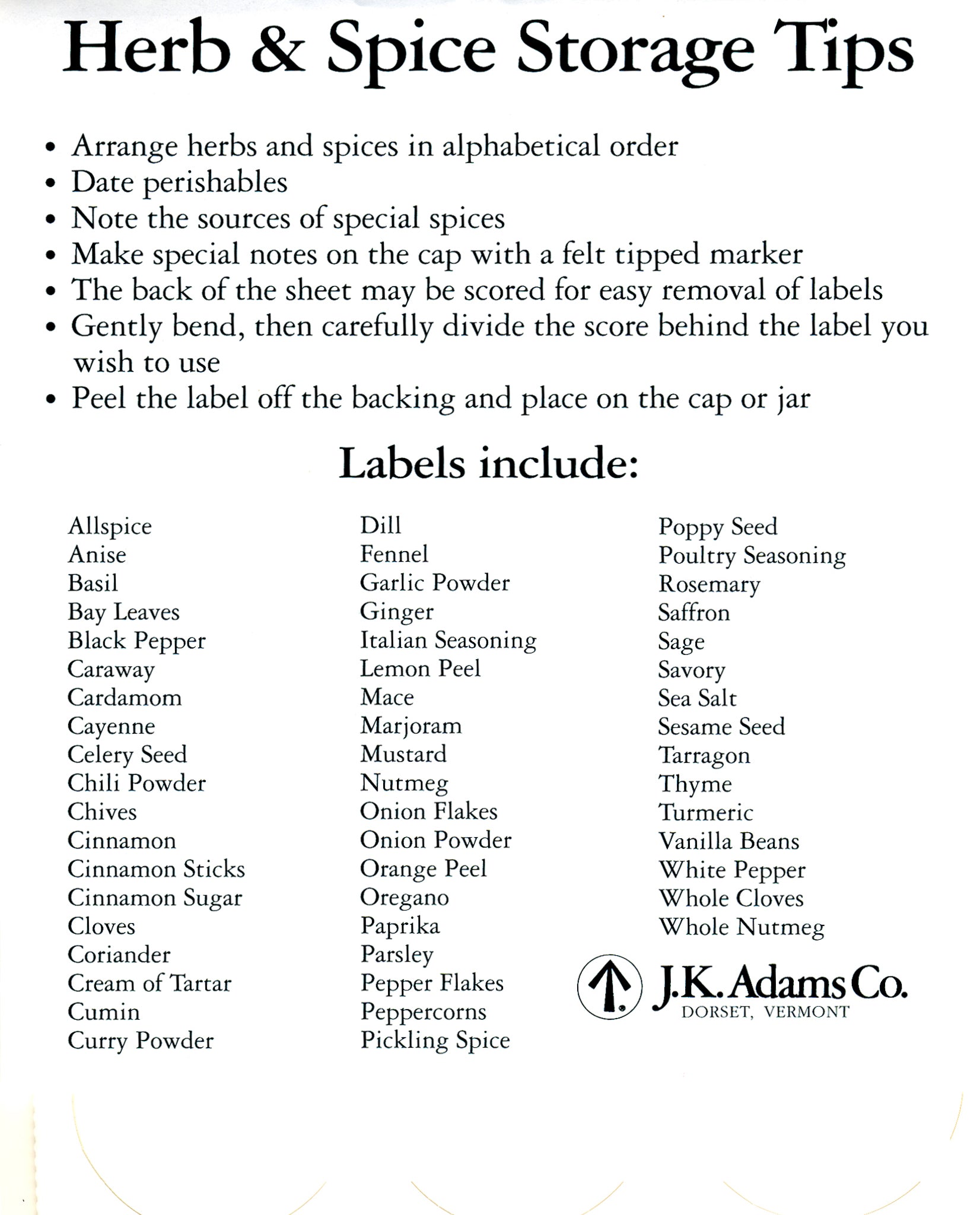 Spice Jars Labels JK Adams