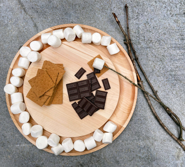 JK Adams Maple Round Serving Board with smores and sticks